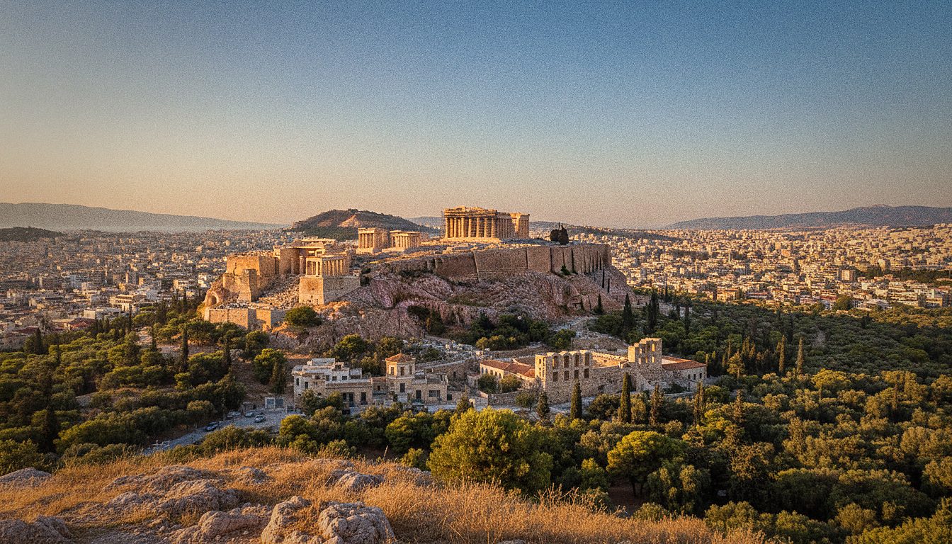 The Acropolis of Athens lit by evening sun seen from Filopappou Hill