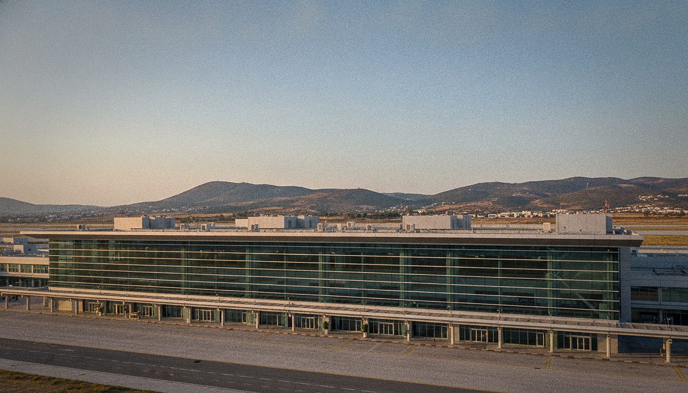 The main terminal of Athens International Airport under a clear sky with the Attica hills behind