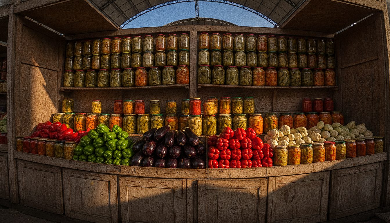 A covered market stall in Bucharest piled with peppers, aubergines and jars of pickles