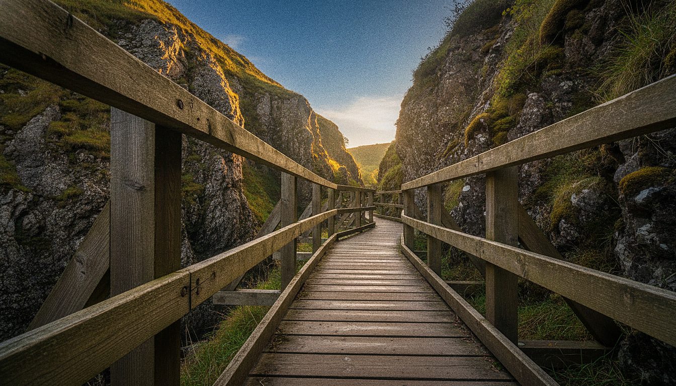 Close view of the wooden boardwalk and safety railing along the gorge wall