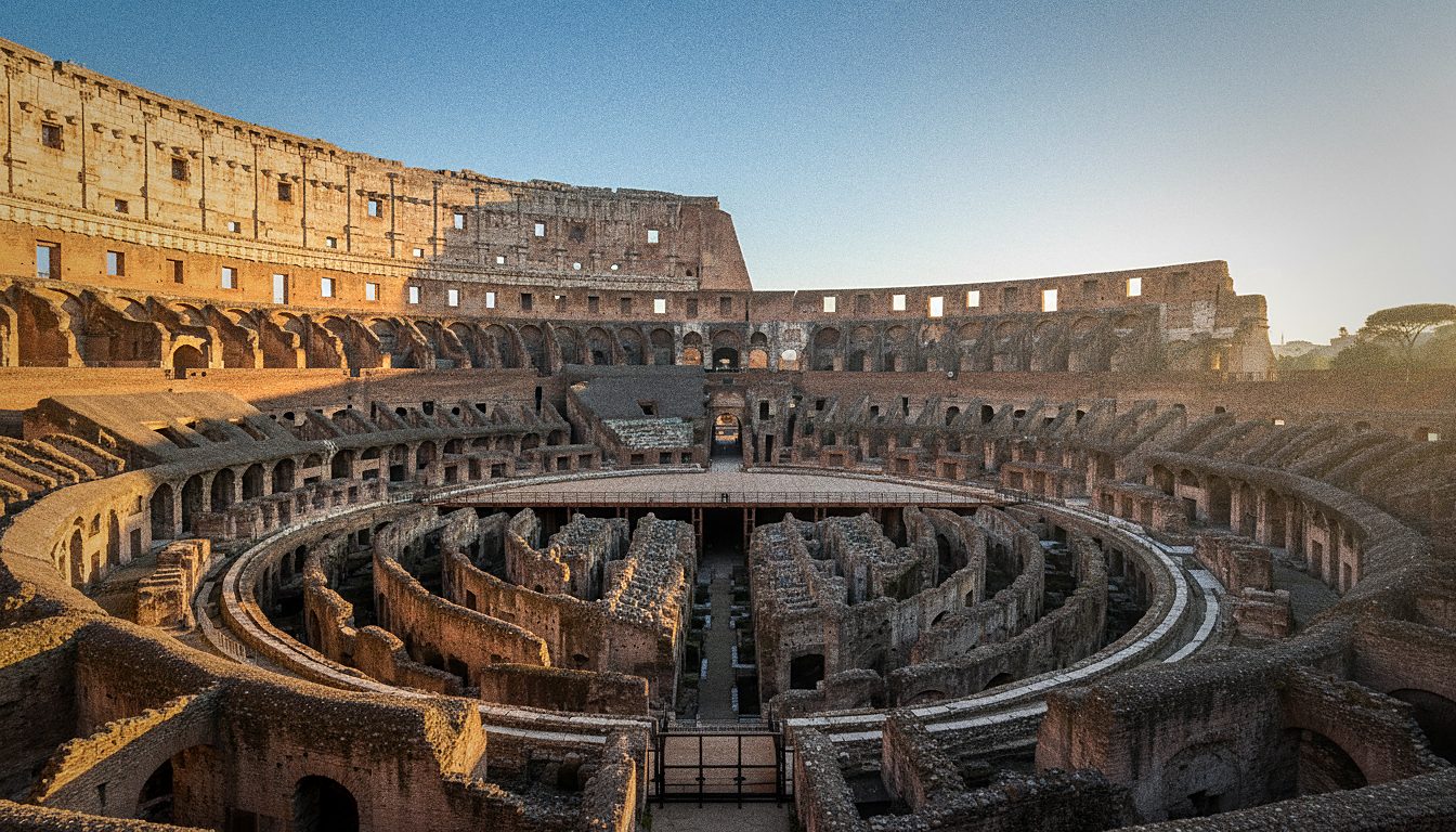 View across the reconstructed arena floor and underground chambers of the Colosseum