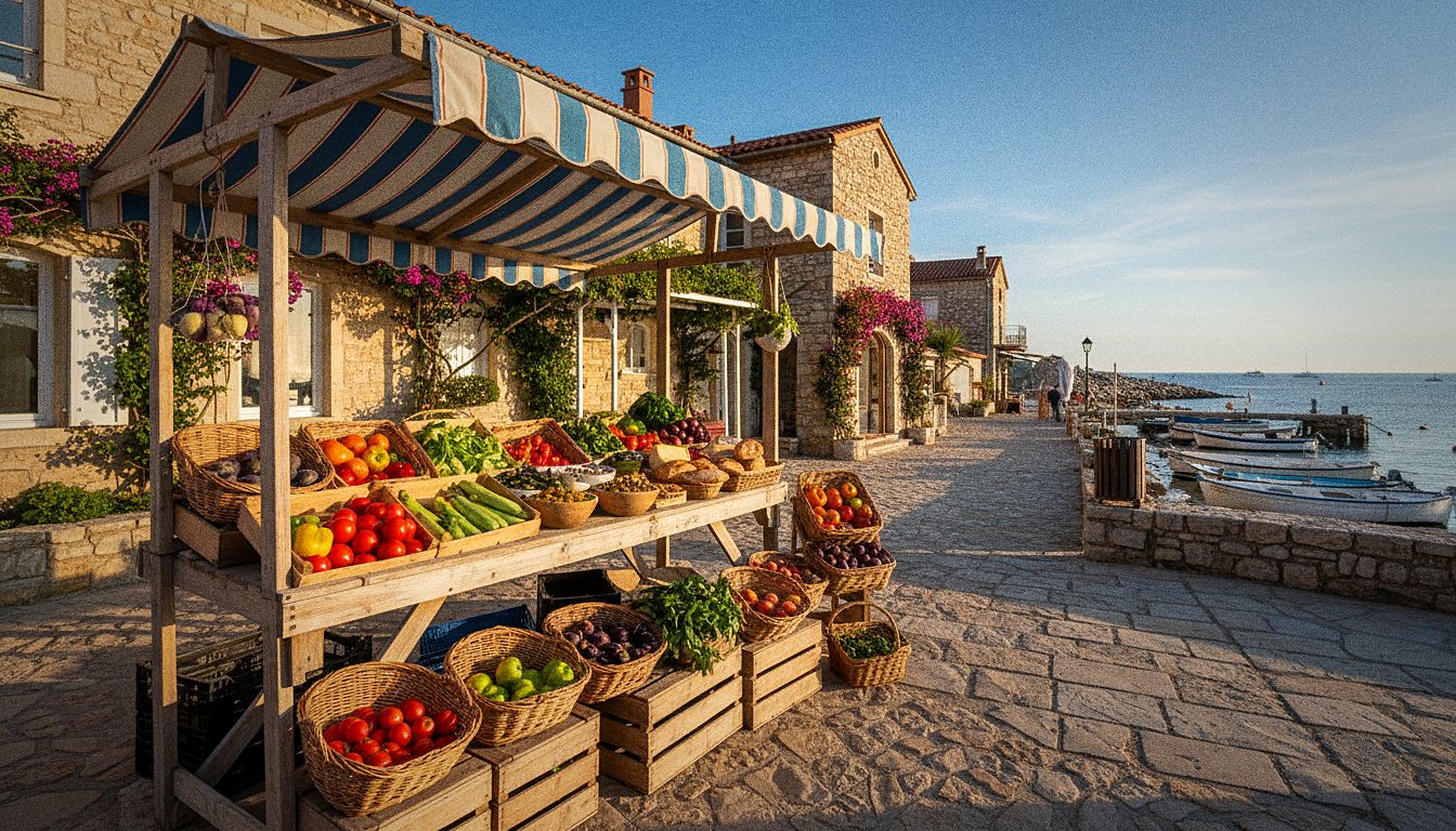 An outdoor food market stall in a European coastal town