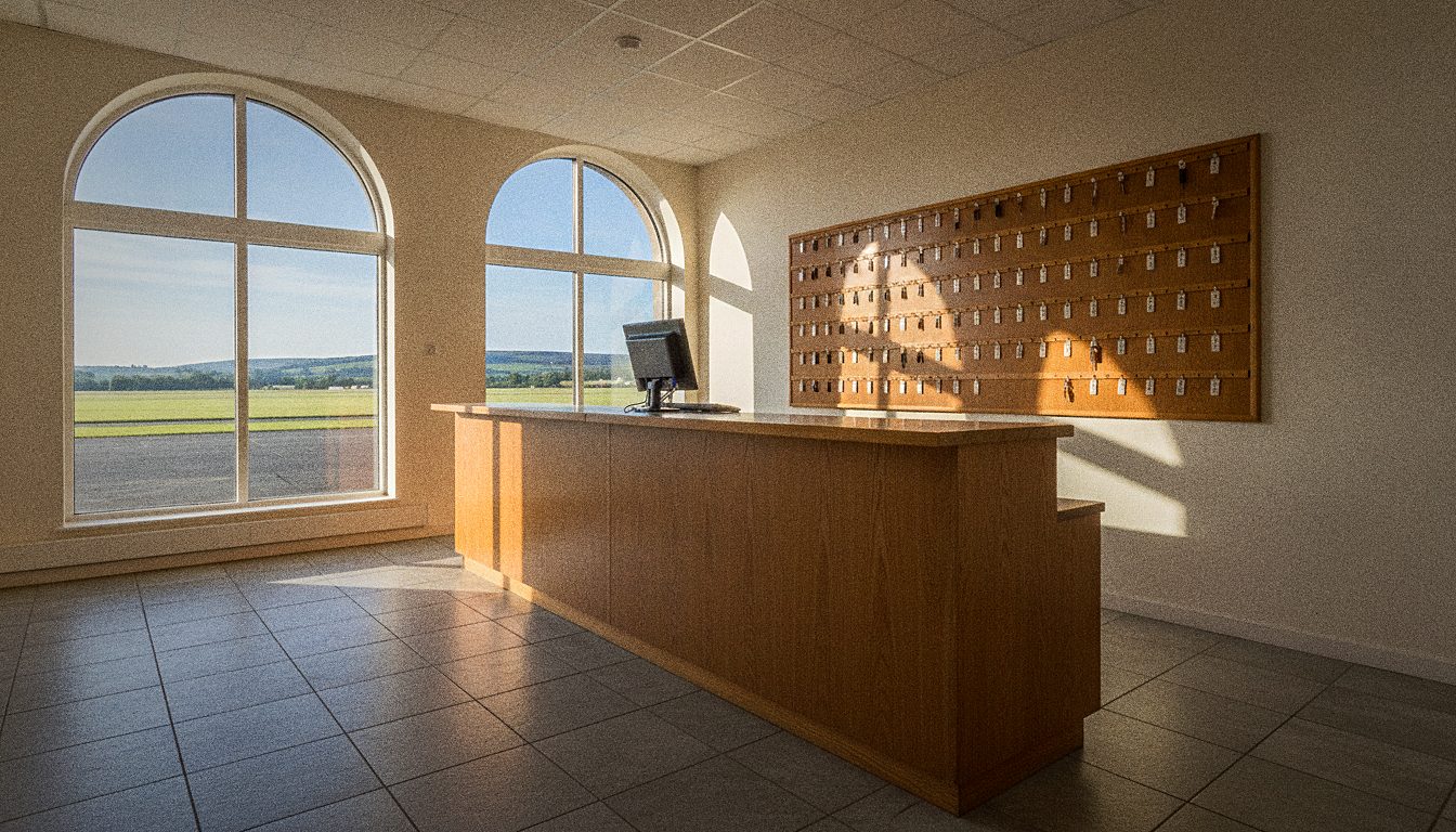 A car rental counter and key rack inside a small regional airport terminal