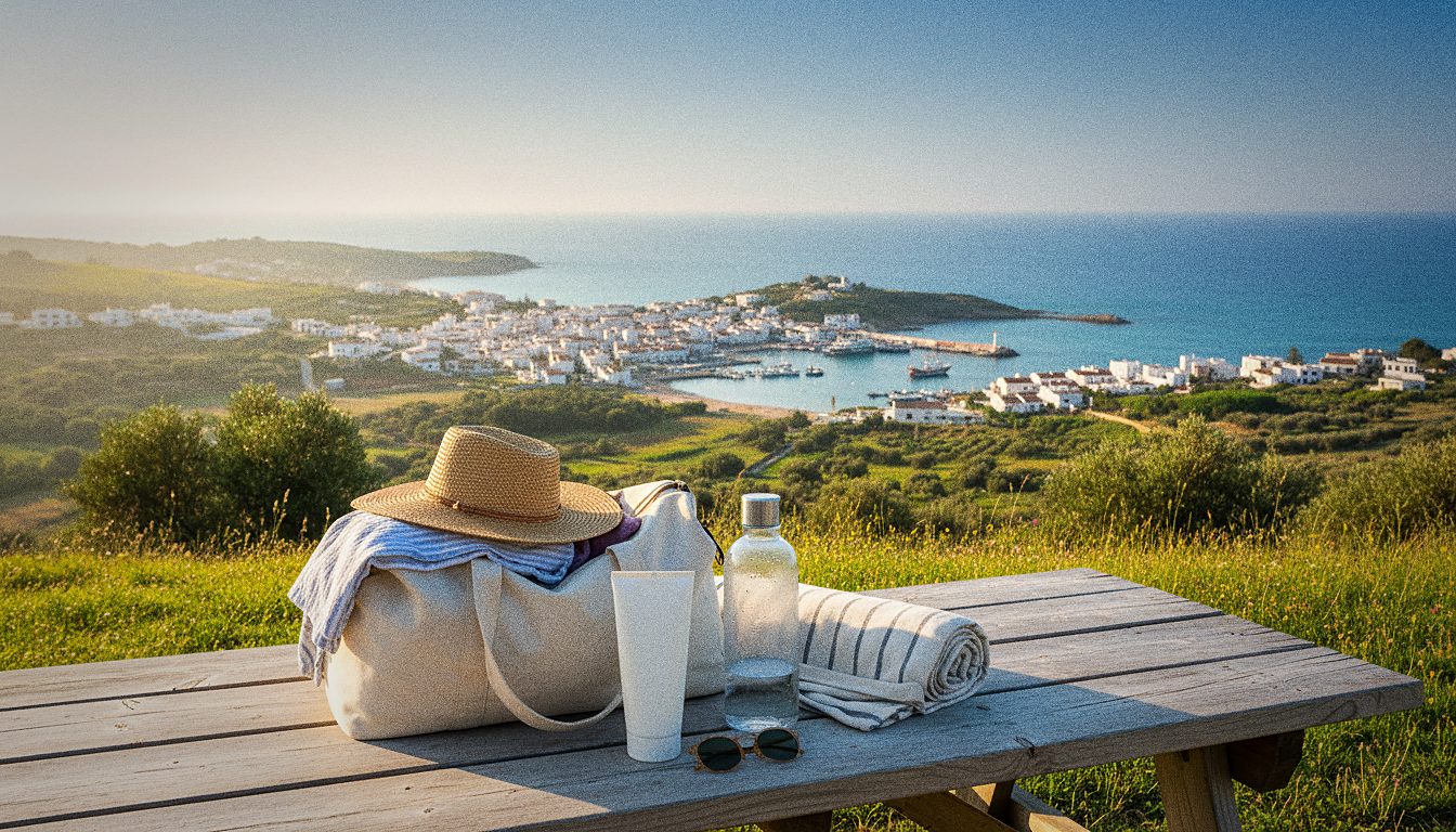 A packed canvas bag, sunscreen and a water bottle laid out before a day outdoors