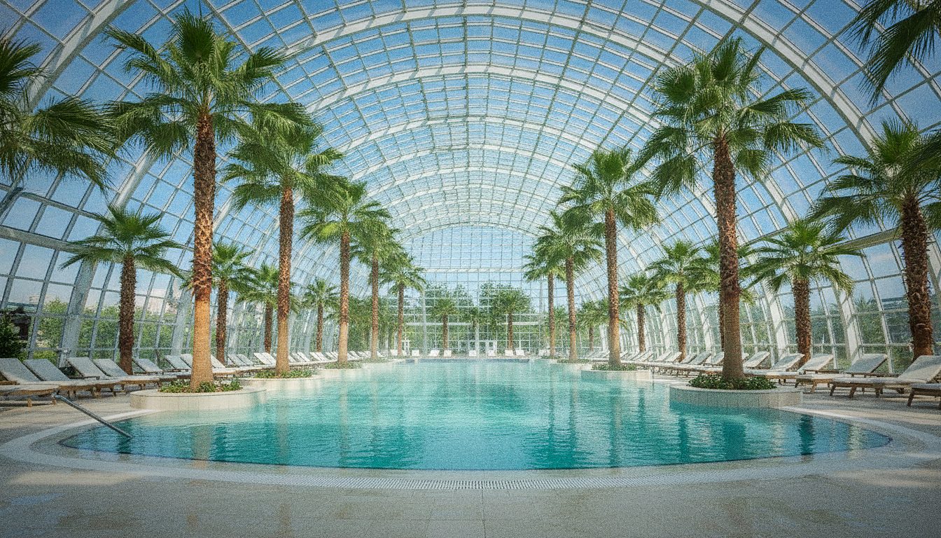 A warm indoor thermal pool under a glass roof surrounded by tall palm trees, loungers along the edge, no people