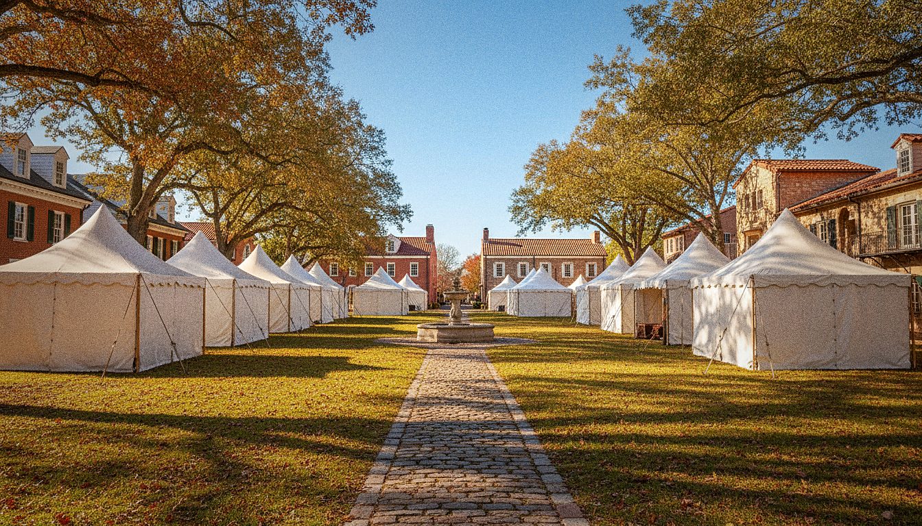 A small town green filled with festival tents and visitors on a sunny fall afternoon
