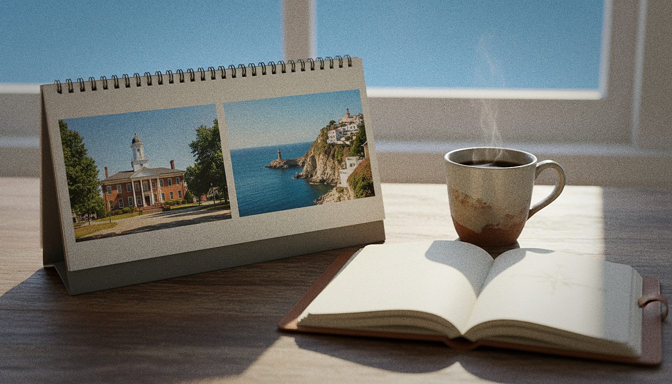 A travel calendar and notebook laid out on a desk with a cup of coffee